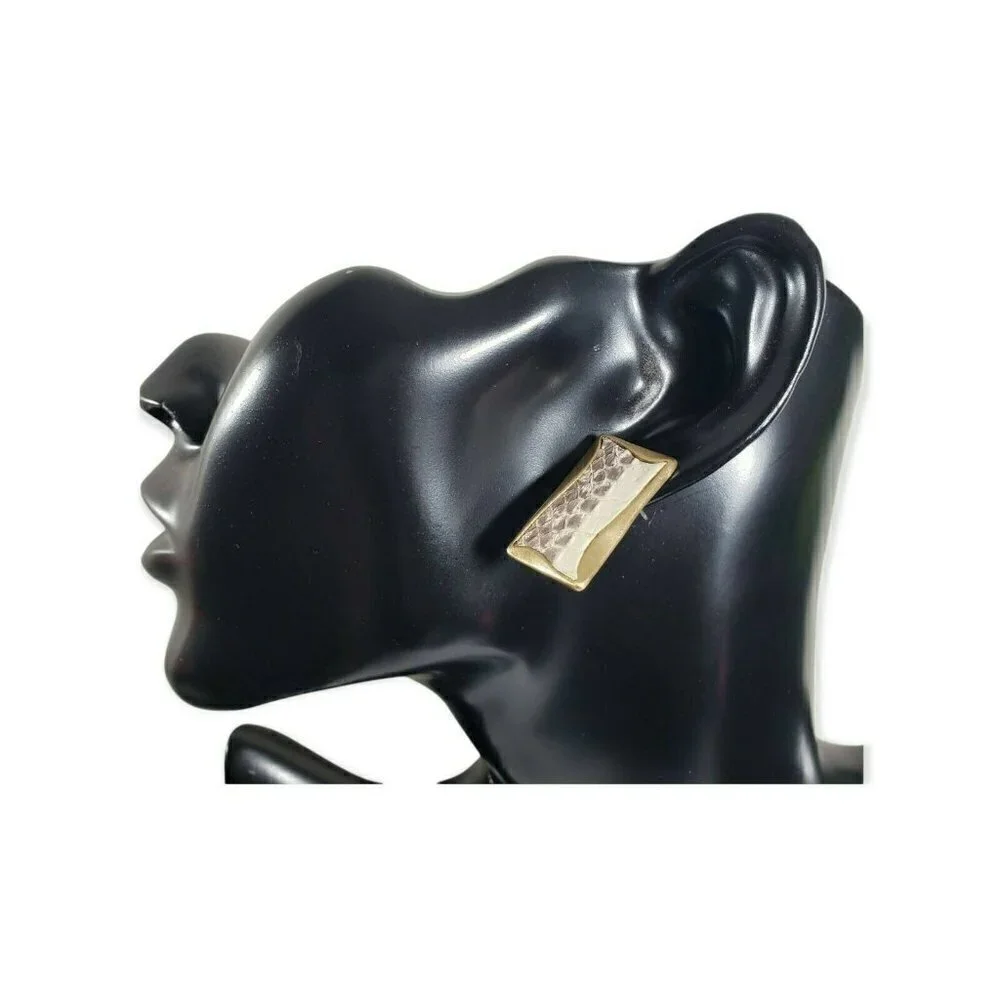 30.Fashion Jewelry Genuine Leather Snake Print Gold Tone Rectangle Stud Earrings